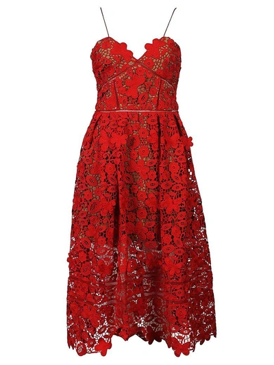 Shop Self-portrait 3d Floral Lace Dress In Rosso