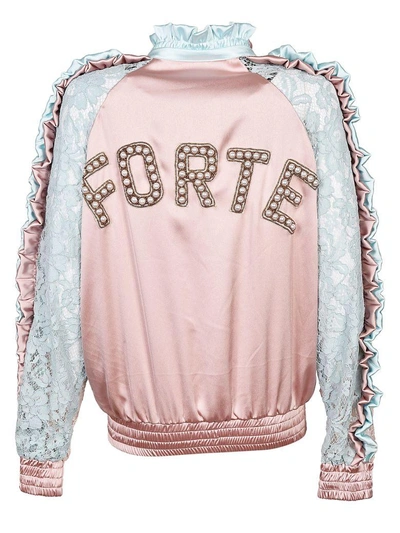 Shop Forte Couture Floral Lace Bomber In Light Blue/pink