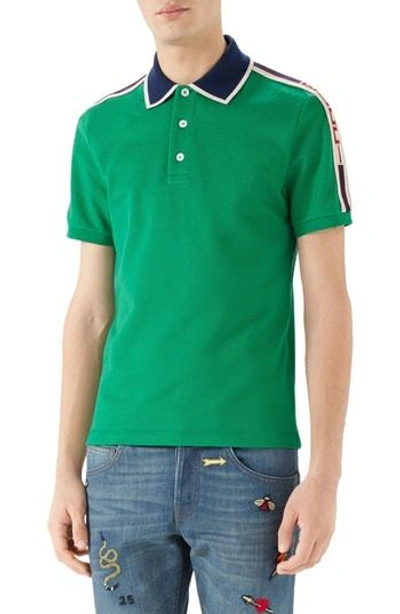 Shop Gucci Jacquard Stripe Sleeve Pique Polo In Green