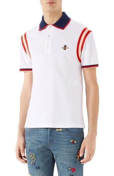 Shop Gucci Stripe Sleeve Bee Polo In White
