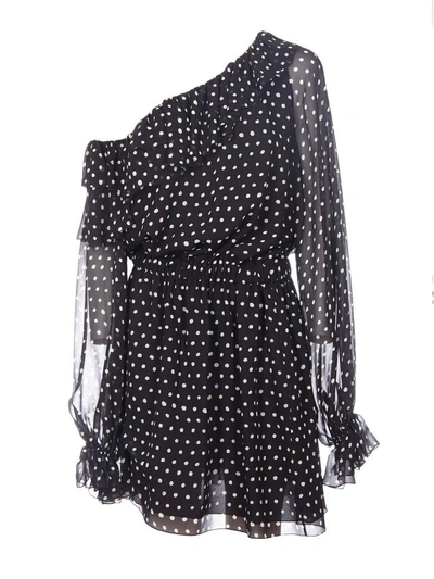 Shop Saint Laurent Polka Dot One Shoulder Dress In Bianco-nero