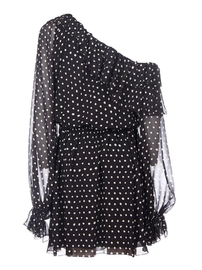 Shop Saint Laurent Polka Dot One Shoulder Dress In Bianco-nero
