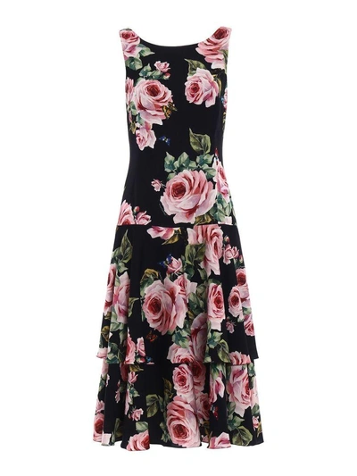 Shop Dolce & Gabbana Rose Print Sleeveless Dress In Black