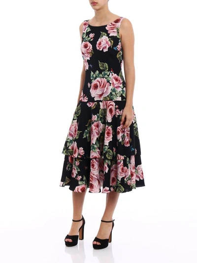 Shop Dolce & Gabbana Rose Print Sleeveless Dress In Black