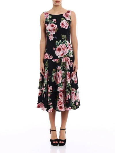 Shop Dolce & Gabbana Rose Print Sleeveless Dress In Black