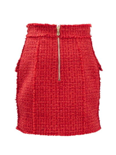 Shop Balmain Short Red Tweed Skirt. In Rosso