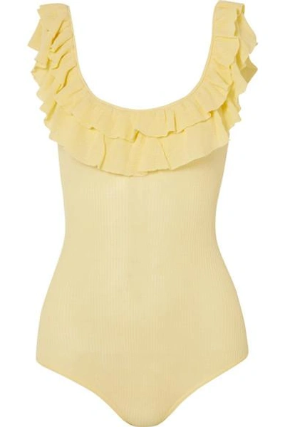 Shop Ulla Johnson Arlee Ruffled Ribbed Cotton Bodysuit In Pastel Yellow