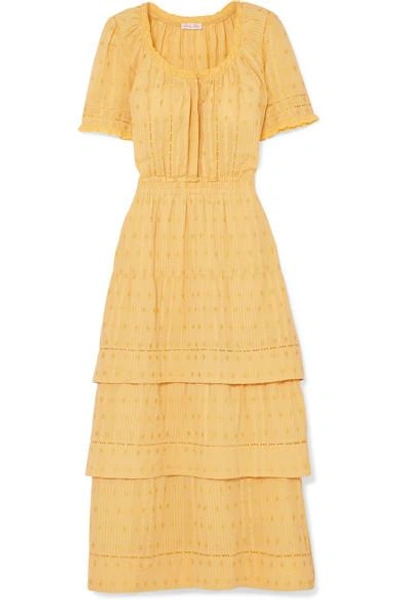 Shop Loveshackfancy Heather Tiered Embroidered Cotton Midi Dress In Yellow