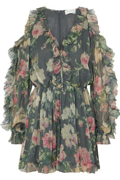 Shop Zimmermann Iris Cold-shoulder Floral-print Silk-georgette Playsuit In Gray Green