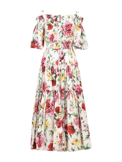 Shop Dolce & Gabbana Floral Cotton Dress In Bianco-multicolor