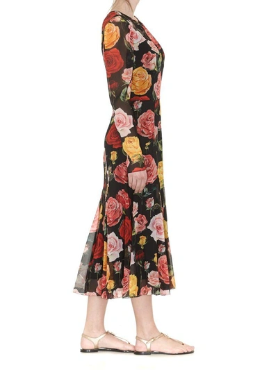 Shop Dolce & Gabbana Rose Print Dress In Black Multicolor