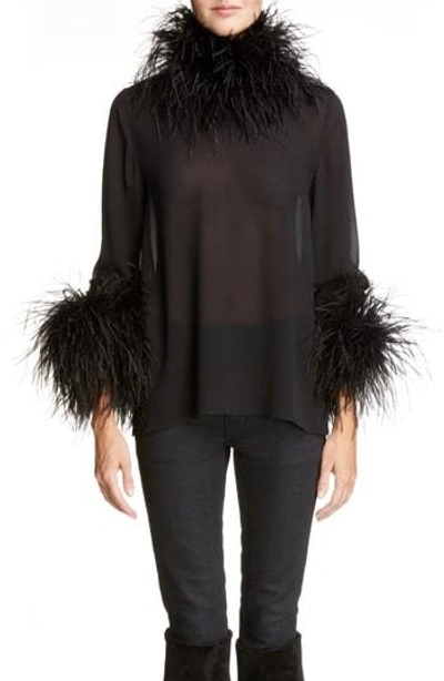 Saint Laurent Silk Georgette Top W/ Feathers In Noir