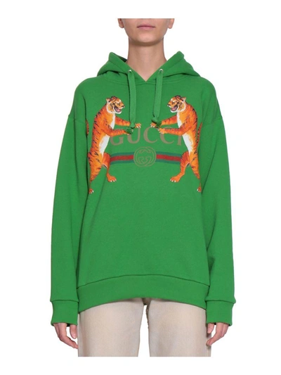 Shop Gucci Tiger Cotton Hoodie In Verde