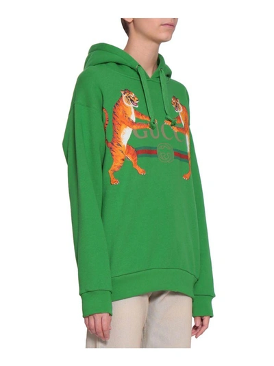 Shop Gucci Tiger Cotton Hoodie In Verde