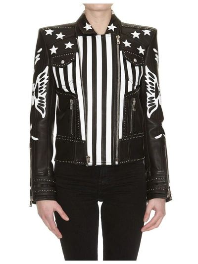 Shop Balmain American Flag Leather Jacket In Black White