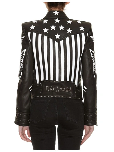 Shop Balmain American Flag Leather Jacket In Black White