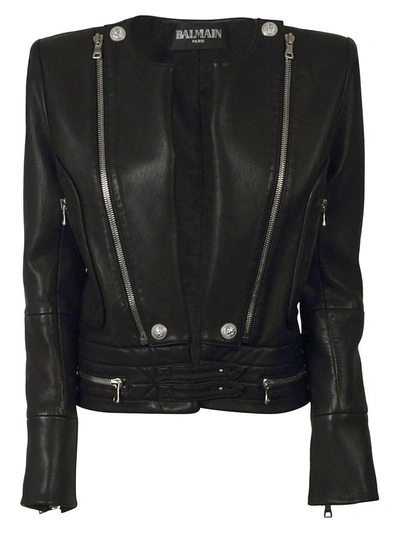 Shop Balmain Zip Detail Leather Jacket In Noir C0100