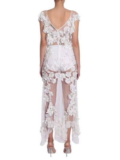 Shop Amen Long Dress With Applied Flowers In Bianco