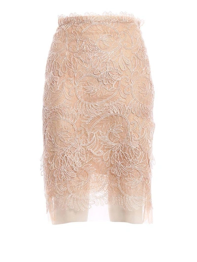 Shop Ermanno Scervino Embroidered Fitted Skirt In Beige