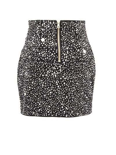 Shop Balmain Black Cotton Denim Skirt Embellished With Crystals. In Nero