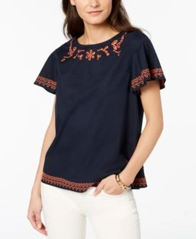 Shop Tommy Hilfiger Cotton Embroidered Top, Created For Macy's In Sky Captain