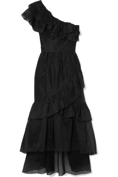 Shop Ulla Johnson Clemente One-shoulder Ruffled Cotton And Silk-blend Organza Midi Dress In Black