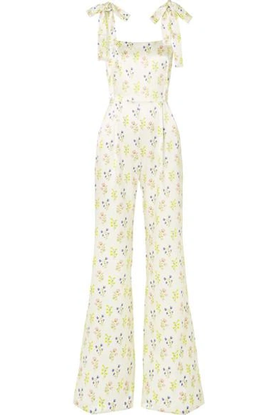 Shop Seren Fletcher Floral-print Silk-satin Jumpsuit In White