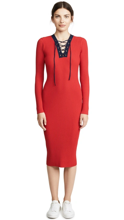 Shop Diane Von Furstenberg Lace Up Sweater Dress In Cherry/new Navy