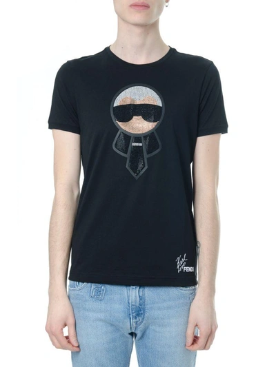 Shop Fendi Karlito Embroidery Black Cotton T-shirt
