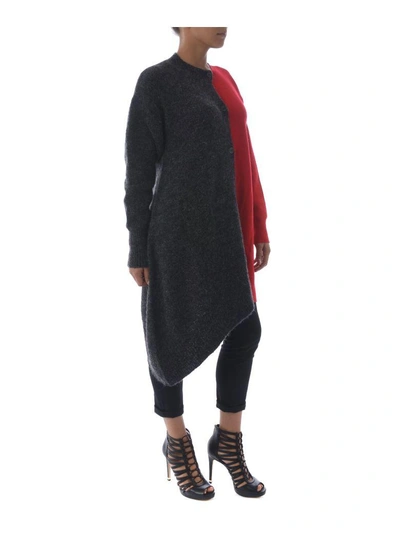 Shop Mm6 Maison Margiela Asymmetric Oversized Cardigan In Grigio Scuro/rosso