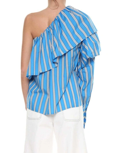 Shop Msgm Asymmetric Ruffle Trim Shirt In Blu-bianco