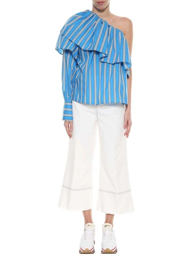 Shop Msgm Asymmetric Ruffle Trim Shirt In Blu-bianco