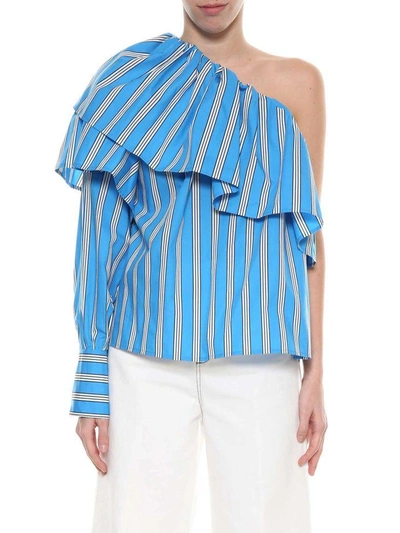 Shop Msgm Asymmetric Ruffle Trim Shirt In Blu-bianco