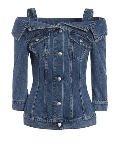 Alexander Mcqueen Off The Shoulder Denim Jacket In Blue | ModeSens