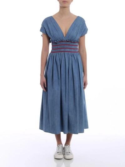 Shop Miu Miu Ruched Waist Dress In Azzurro