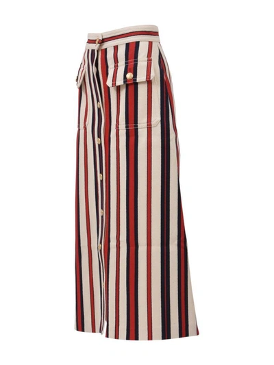 Shop Gucci Striped Denim Long Skirt In Blu-rosso-bianco