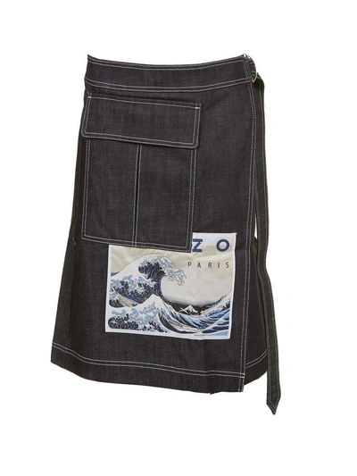 Shop Kenzo Hokusai Wave Denim Skirt In Denim Blu