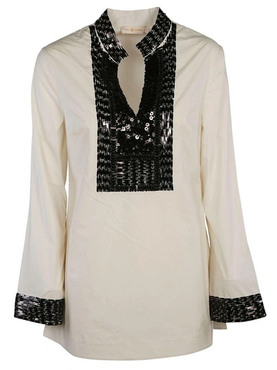 Shop Tory Burch Embellished Tory Tunic Top In New Ivory