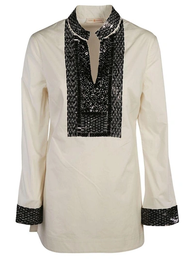 Shop Tory Burch Embellished Tory Tunic Top In New Ivory