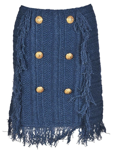 Shop Balmain Embossed-button Skirt In Blue Denim
