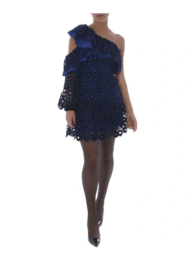 Shop Self-portrait One Sleeve Lace Dress In Blu