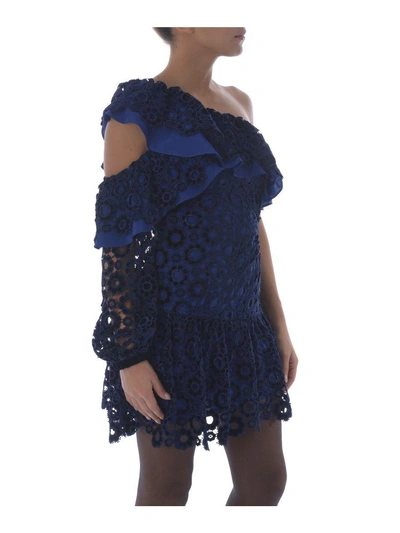 Shop Self-portrait One Sleeve Lace Dress In Blu
