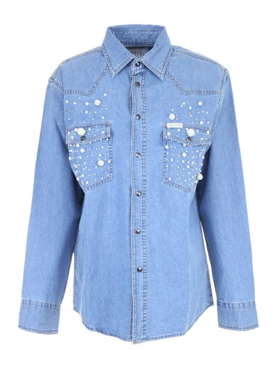 Shop Forte Couture Denim Shirt With Pearls In Denim1 (blue)
