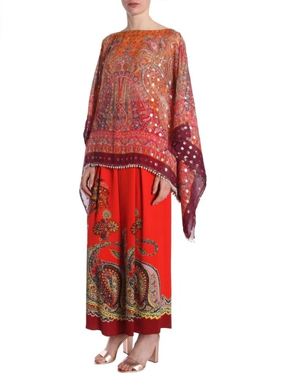 Shop Etro Silk Poncho In Rosso