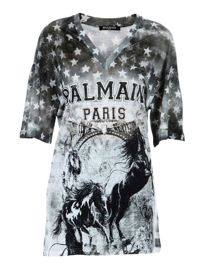 Shop Balmain Horse Printed Linen Jersey Long T-shirt In Grey