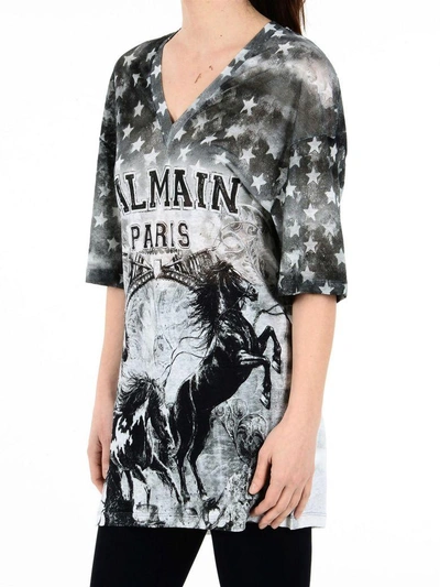 Shop Balmain Horse Printed Linen Jersey Long T-shirt In Grey