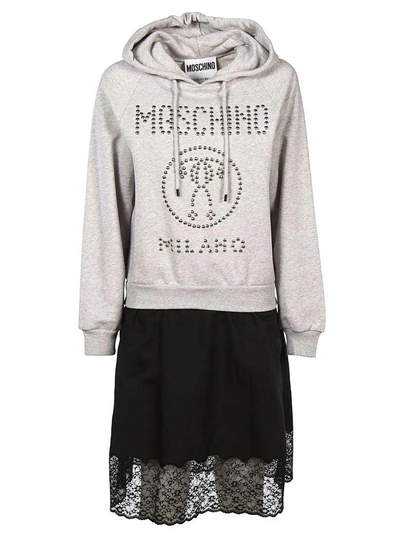 Shop Moschino Logo Studded Hoodie Dress In Grey Black