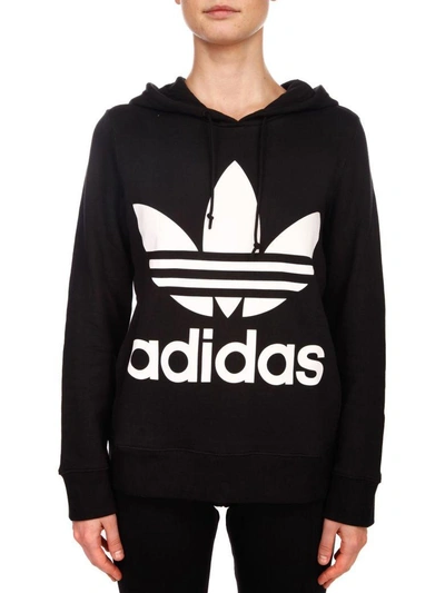 Shop Adidas Originals Hoodie Trefoil Cotton Sweatshirt In Black