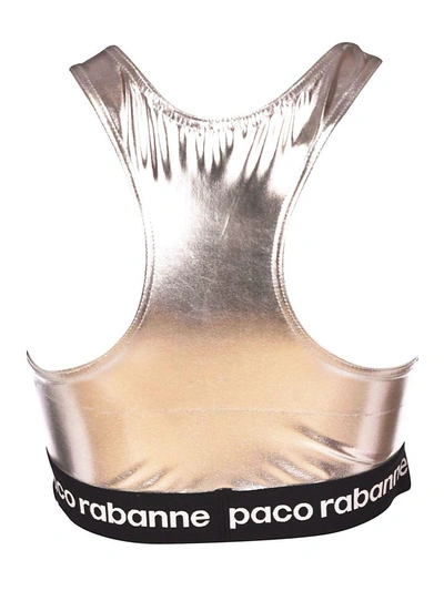 Shop Paco Rabanne Logo Print High Shine Cropped Top In Silver