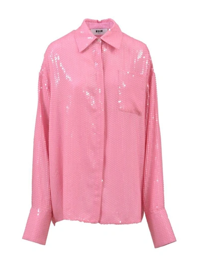 Shop Msgm Sequin-trimmed Shirt In Pink